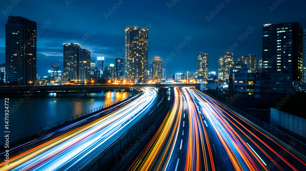Obraz premium Night Cityscape with Light Trails from Moving Cars and Buildings