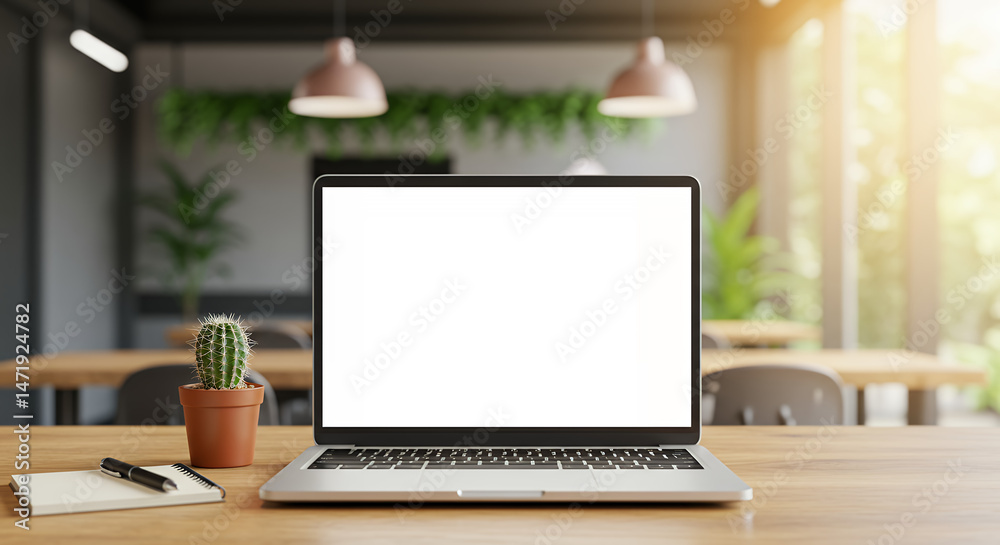 Fototapeta premium Productive Workspace: Laptop, Cactus, & Notepad - Cozy Office Scene for Work, Study, or Creative Projects! Fresh & Modern Mockup.