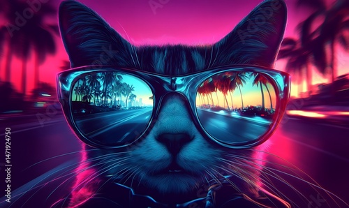 A cool cat wearing sunglasses on a neon lit road trip