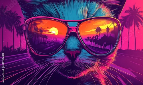 A colorful portrait of a cat wearing sunset reflective sunglasses
