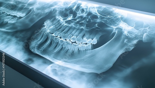 Detailed Panoramic Radiograph of a Human Jawbone Featuring Teeth and Skeletal Structure Illuminated with Subtle Blue Light for Diagnostic Purposes in Healthcare Settings
