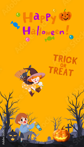 Wallpaper Mural Halloween poster with witch and grave (Original illustration, Not AI GENERATED) Torontodigital.ca