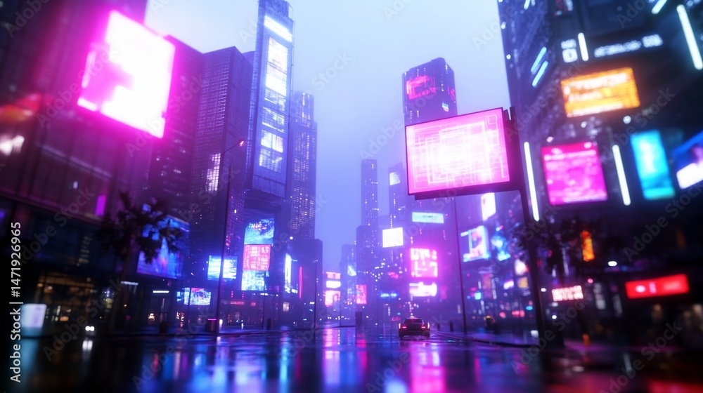 Obraz premium Neon-lit cityscape with rain-slicked street and glowing signs
