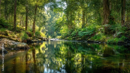The tranquil river winds through the ancient forest, surrounded by towering trees and lush green leaves. It showcases the harmony between rocks, tree trunks, the natural river, water, and green leaves
