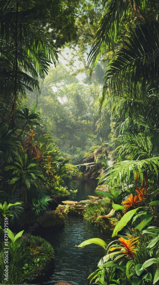 Naklejka premium Lush Tropical Garden, Tranquil Stream, Misty Background, Nature Wallpaper