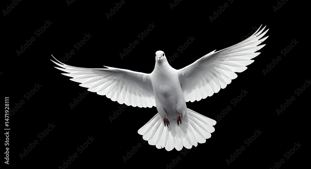 Obraz premium White Dove in Flight: Symbol of Peace, Freedom & Hope | Stunning Bird Photography on Black Background - Perfect for Spiritual Designs
