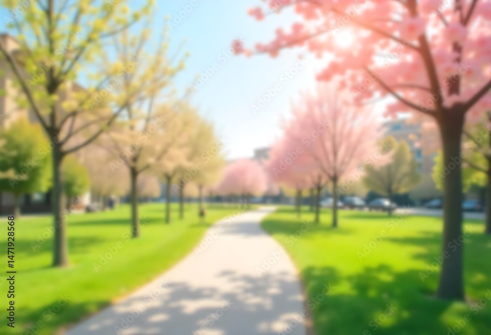 Naklejka premium Generative AI Image of a serene blurred city park in spring with cherry blossom trees