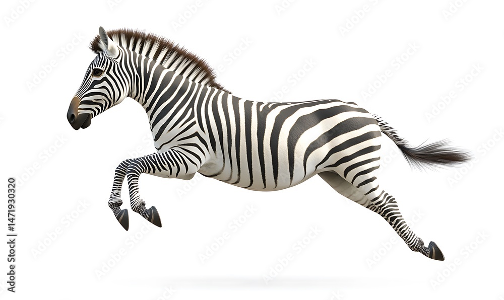 Fototapeta premium A Striking Zebra Is Jumping Against A Plain White Background