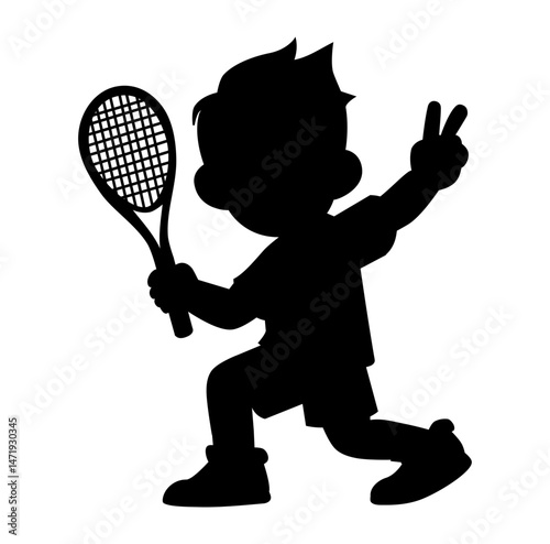 Cartoon Man Silhouette Pose After Winning Tennis Digital Vectors Illustration