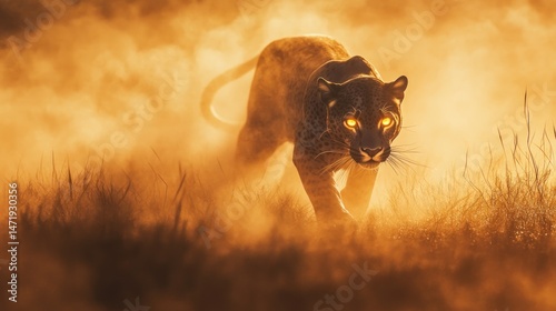Majestic leopard sunset hunt savanna dust