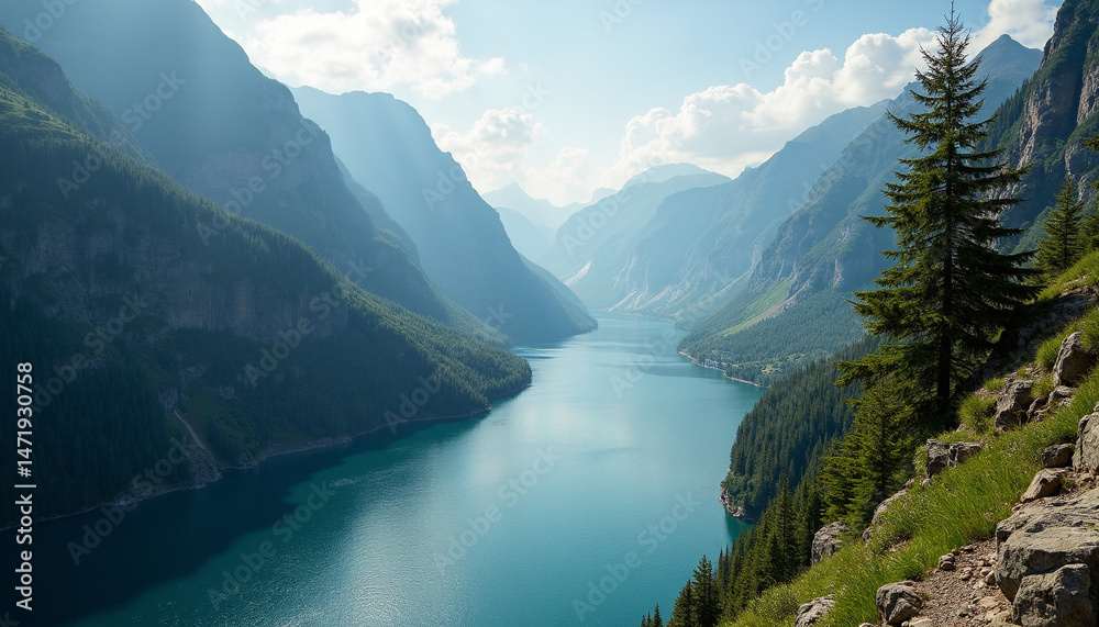 Serene Blue Lake with Calm Waves and Clear Sky Serene Blue Lake with Calm Waves and Clear Sky