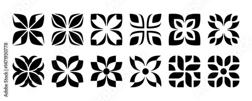Black flowers set. Geometric floral logo. Vector illustrations isolated on white background. Can be used as icon, sign or symbol - abstract flower silhouette, y2k simple minimal black floral icon.