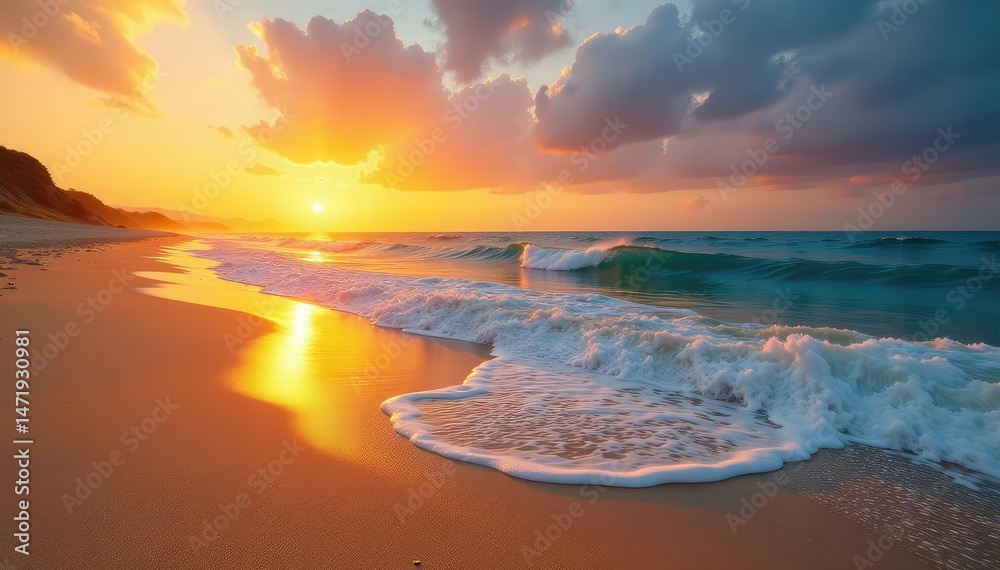 Obraz premium Golden sand beach at sunset, tranquil waves lapping the shore , beach scene, beautiful