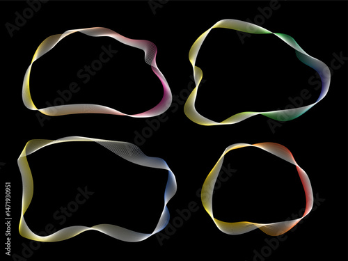 Four abstract wavy frames on black. Vibrant, flowing lines form distinctive, organic shapes. Contemporary design elements for borders and artistic compositions. Gradient blended frames.