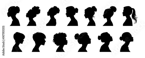 Female silhouette. Women's equality day. International Women's Day. Vector womens silhouettes set, isolated on white background. Black silhouette of woman big set, side view, face and neck only.