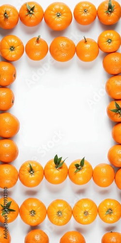Mandarin fruits, frame form copy space on white. Top view flat lay