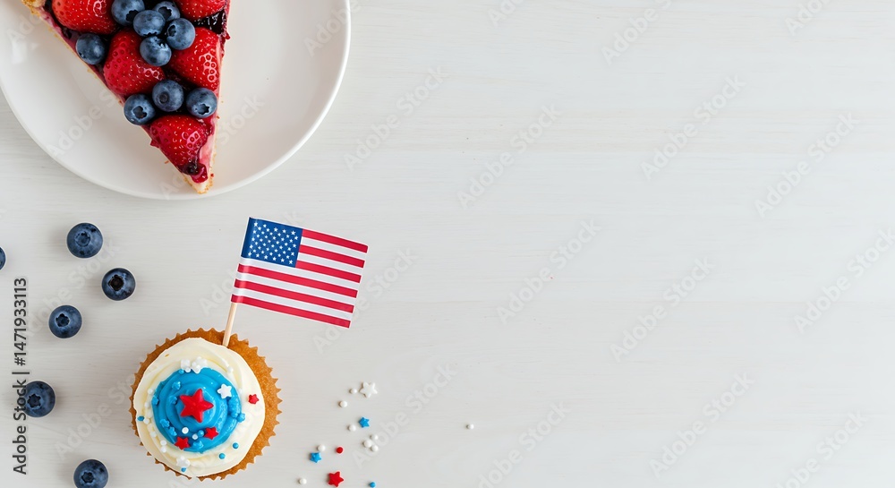 Obraz premium Patriotic Berry Pie Slice & Cupcake with American Flag Displayed on White Wood: Cheerful Celebration of Independence Day in Flat Lay Still Life