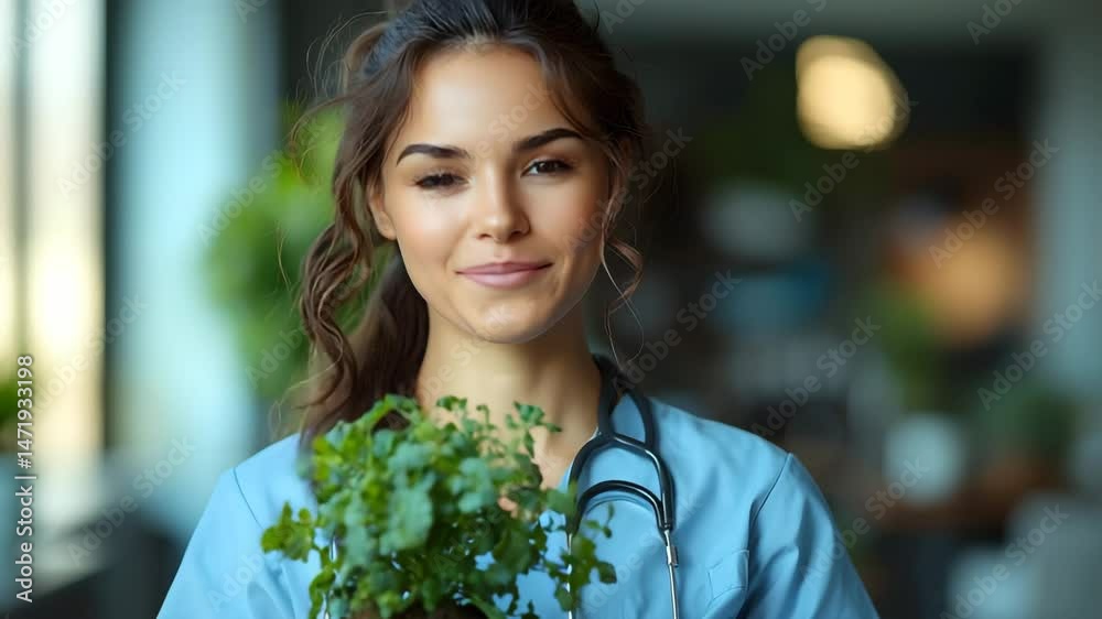 Optimistic Nurse Holding a Plant and Documenting Recovery Optimistic Nurse Holding a Plant and Documenting Recovery