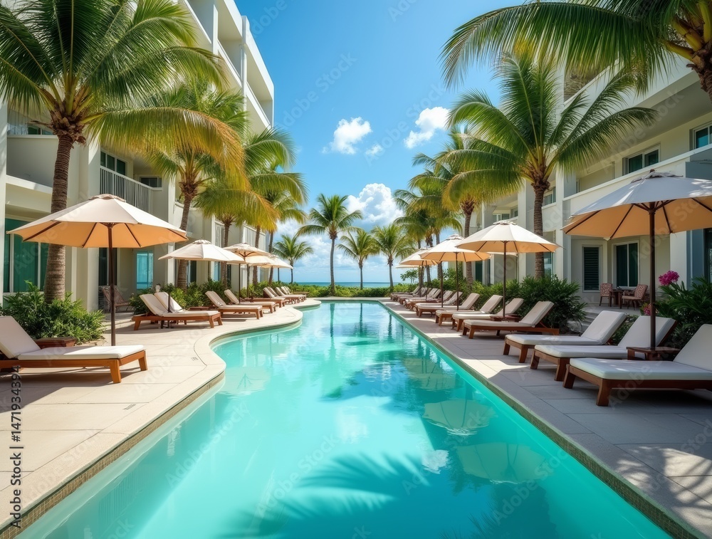 Fototapeta premium Poolside loungers at a hotel, surrounded by palm trees, hammocks, sun umbrellas. Turquoise water, clear sky, relaxing vibe.