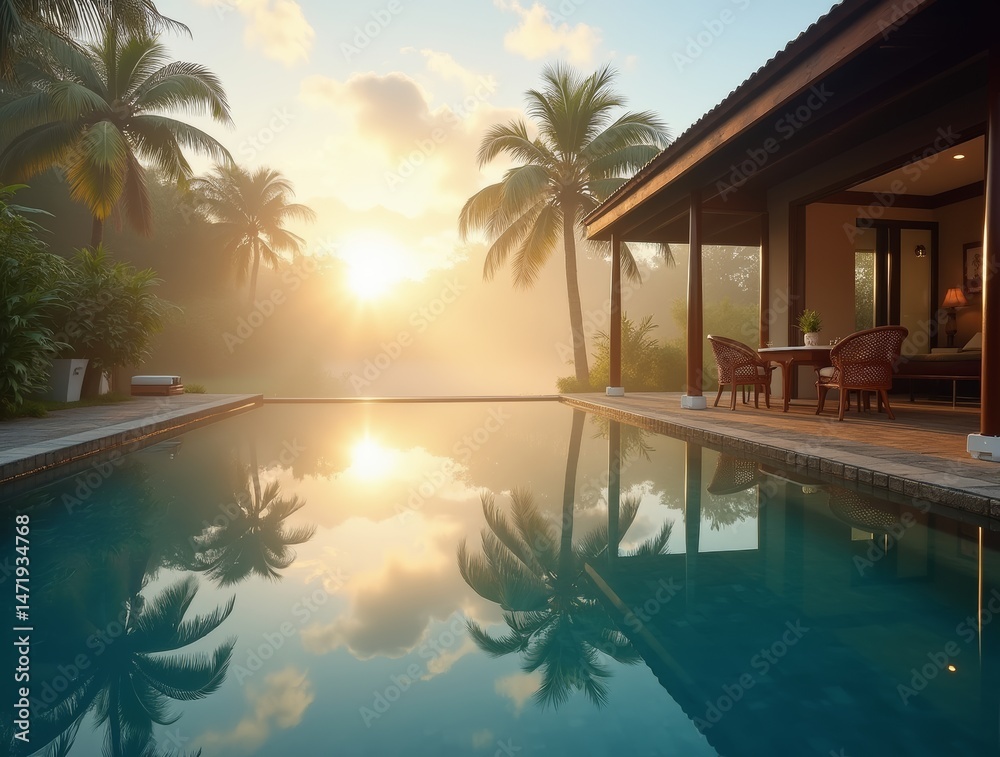Fototapeta premium Modern private courtyard with pool, zen garden, wooden deck, bowl of fruit on a table, soft sunset light.
