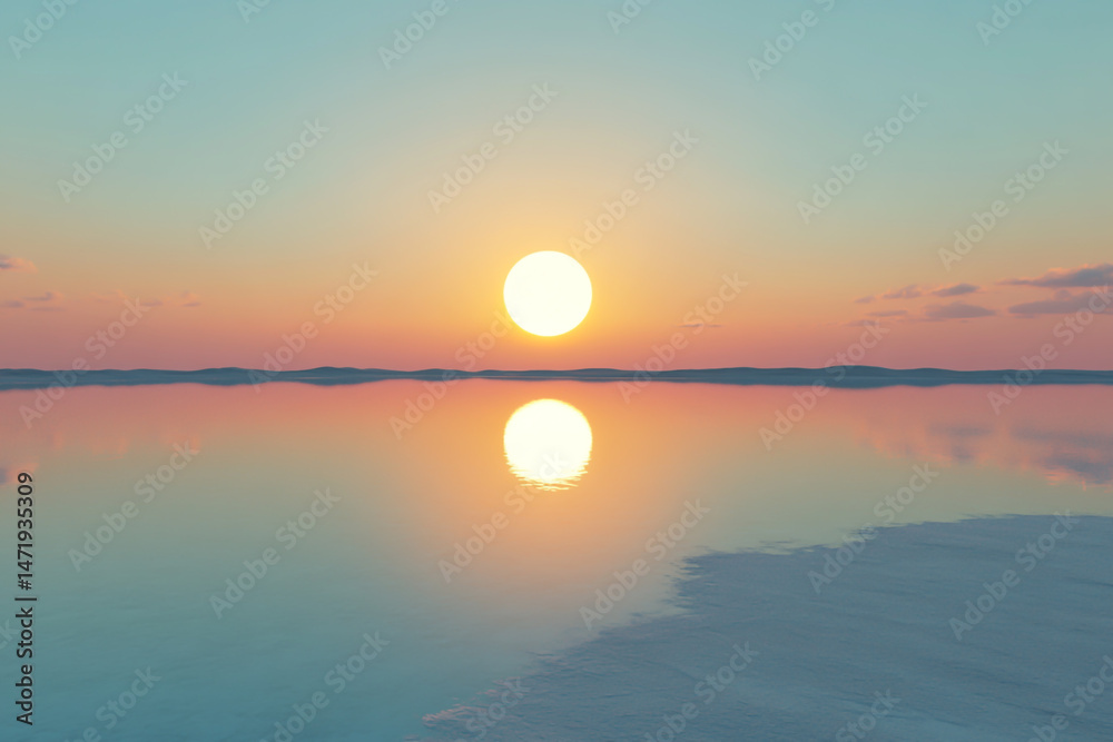 Obraz premium 3D render of a sunset over the ocean with a reflection, a blue sky, a large sun in the center, and yellow and orange colors