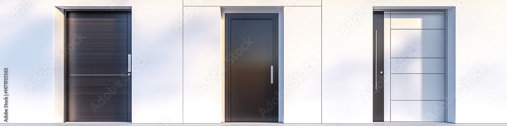 3D of three different modern aluminum doors on a white background, front view 3D of three different modern aluminum doors on a white background, front view