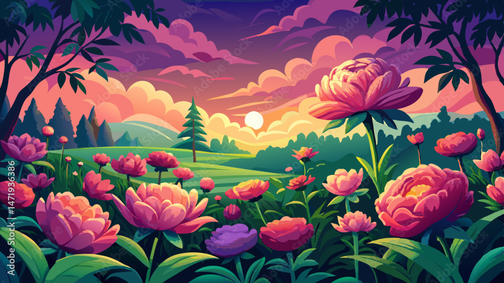 Obraz premium Sunset over a vibrant field of peony flowers with a backdrop of dark green trees in a tranquil outdoor setting Very beautiful