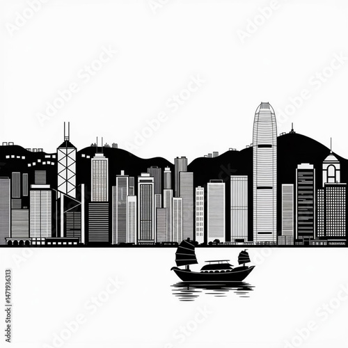 Hong Kong Skyline Vector Illustration – Minimal Silhouette of the Iconic Asian Metropolis with Victoria Harbour and Modern Architecture