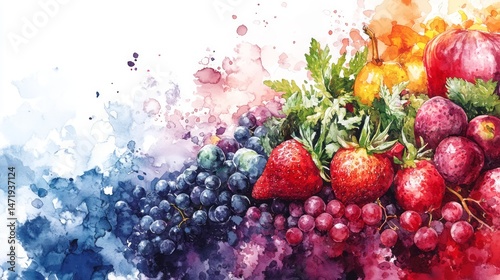 Colorful fruit arrangement in vibrant watercolor style.