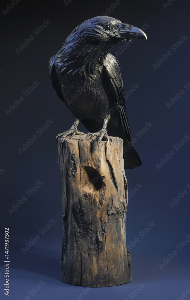Fototapeta premium A full-length photo of an all-black raven sitting on top of its wooden perch, facing the camera, with a dark blue background