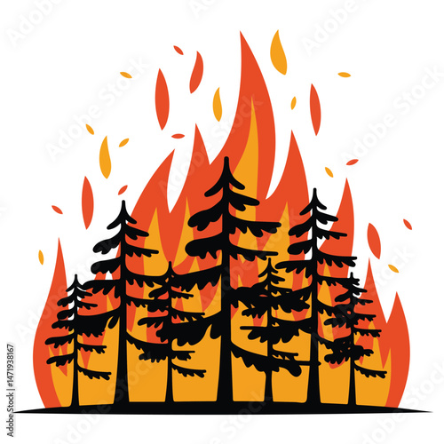 Forest fire burning trees isolated vector illustration on white background