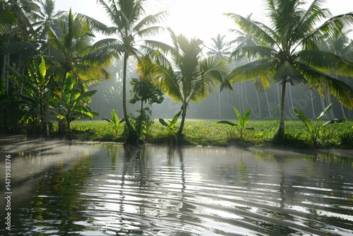 Lush tropical landscape with palm trees and calm water reflections.