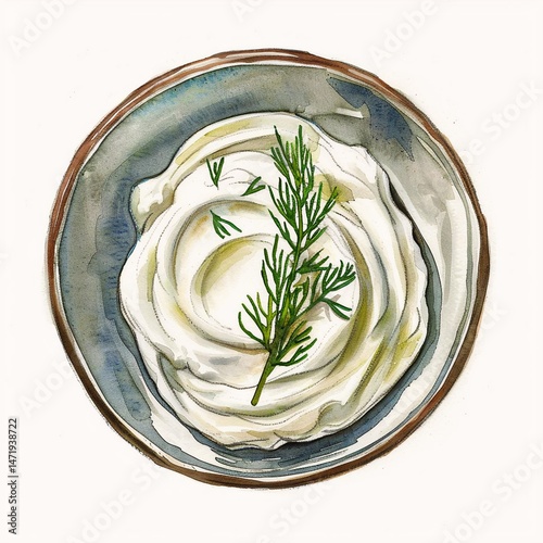 A realistic watercolor painting of a bowl filled with sour cream and dill on a plate against a white background.