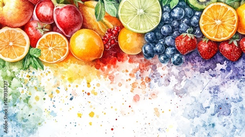 Colorful watercolor illustration of various fruits and berries.