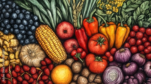 Colorful depiction of a variety of fresh produce.