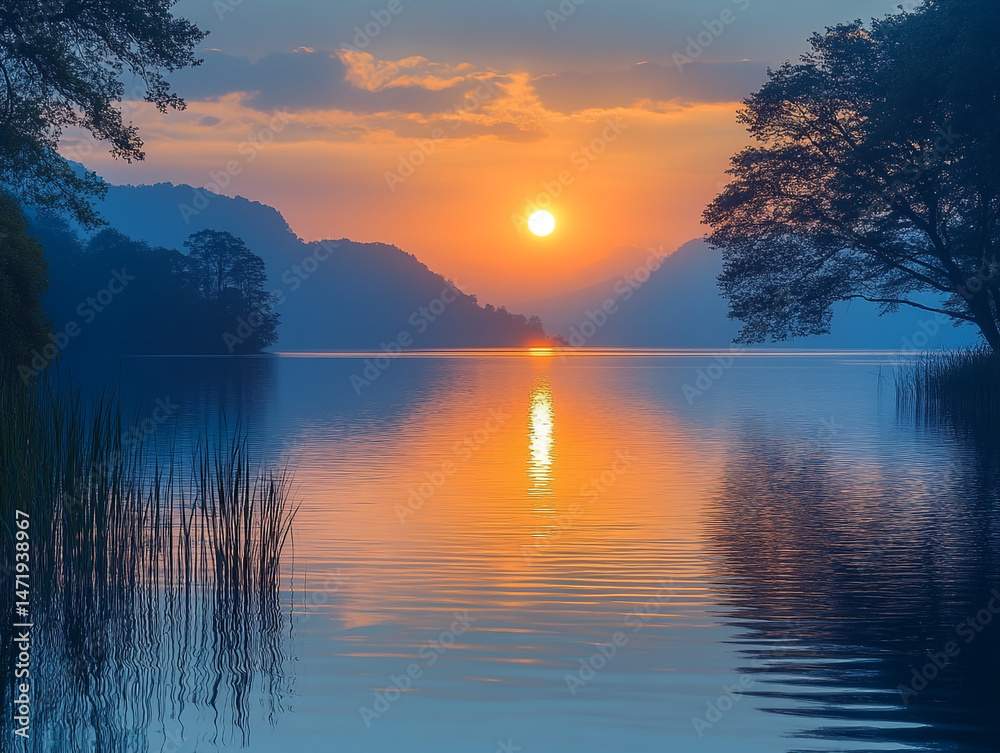 Obraz premium Serene Sunset Lake Landscape Calm Water Mountains Trees Golden Hour