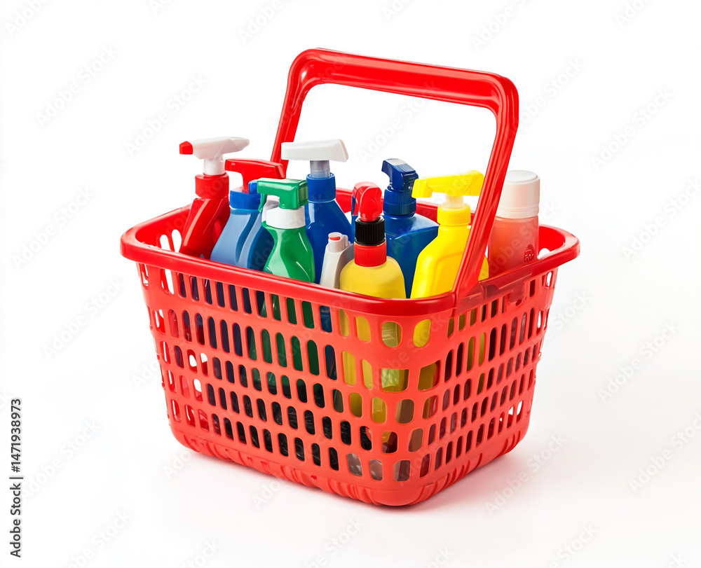 Fototapeta premium A red plastic shopping basket filled with cleaning products, isolated on a white background