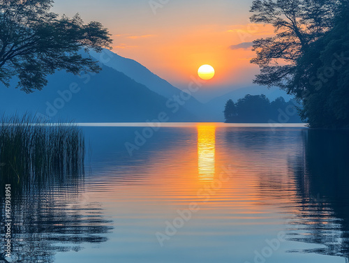 Serene Sunset over Calm Lake  Mountain Silhouette  Peaceful Nature Scene