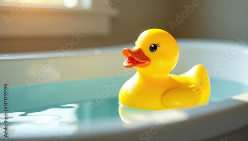 A classic yellow rubber duck in a bathtub, ready for bath time , rubber ducky, bathtub, toy