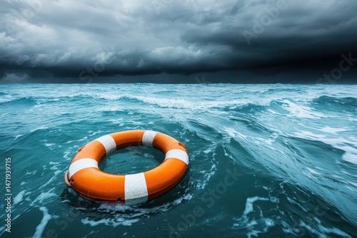 Orange Lifebuoy Floating in Stormy Ocean