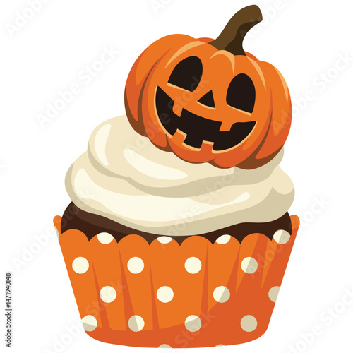 Smiling Halloween pumpkin cupcake isolated vector illustration on white background
