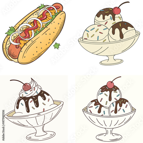 Delicious Hot Dog and Ice Cream Sundaes Illustration