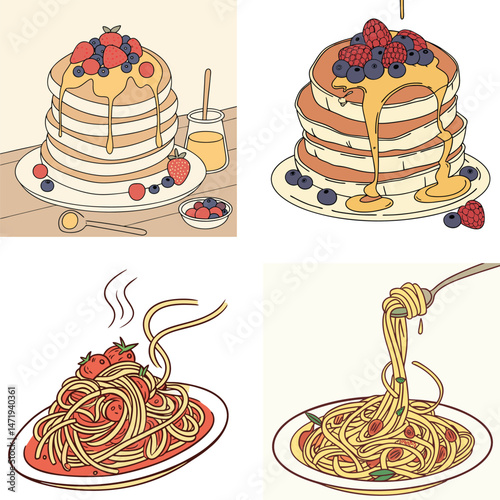 Delicious Food Illustrations Featuring Pancakes and Spaghetti