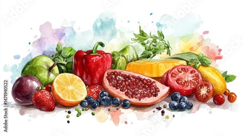 Colorful fruit and vegetable still life illustration.