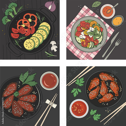 Overhead View of Four Delicious and Diverse Dishes