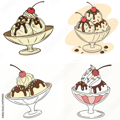 Four Delicious Ice Cream Sundaes in Retro Style Illustrations