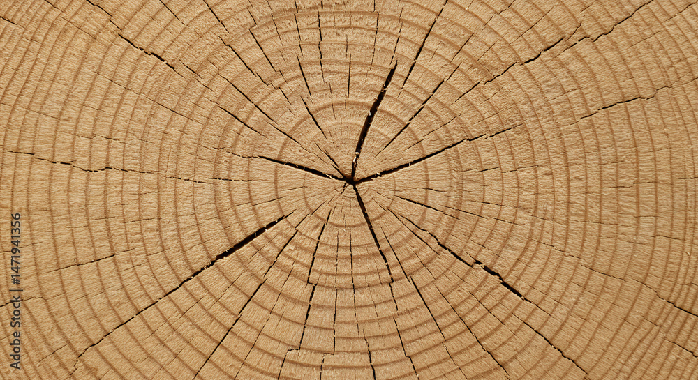 Fototapeta premium Wood Texture Close-Up: Tree Rings, Cracks & Natural Pattern | Detailed Log Cross-Section Image for Backgrounds & Design