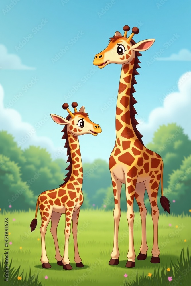 Fototapeta premium A baby giraffe standing near its mother in a green grassy field under a bright blue sky. The scene is warm and peaceful