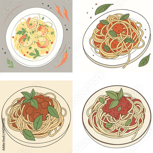 Four Delicious Pasta Dishes Illustrated Shrimp Scampi Meatball Marinara and Two Variations of Bolognese