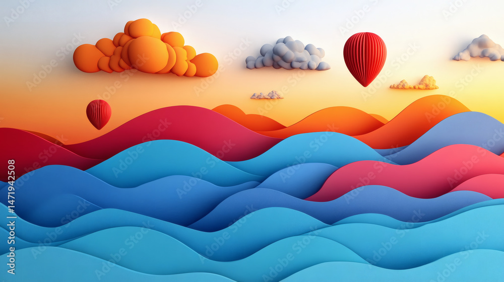 Fototapeta premium Abstract landscape illustration with colorful waves and hot air balloons